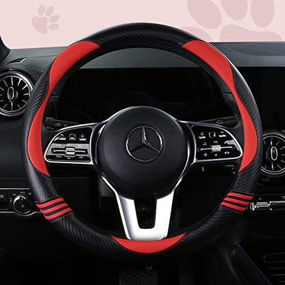 Car Steering Wheel Covers for Women Girl Padded Carbon Fiber PU Leather Cute Cartoon Auto Interior Accessories for Jeep (Red+Black / Large Size[15.2-16"](38.6-40.5cm))
