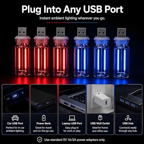 6 Pack USB Car Night Light (3Red&3Blue)