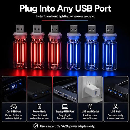 6 Pack USB Car Night Light (3Red&3Blue)