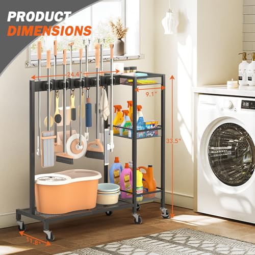 Broom Holder with Cleaning Supplies Organizer (Large)