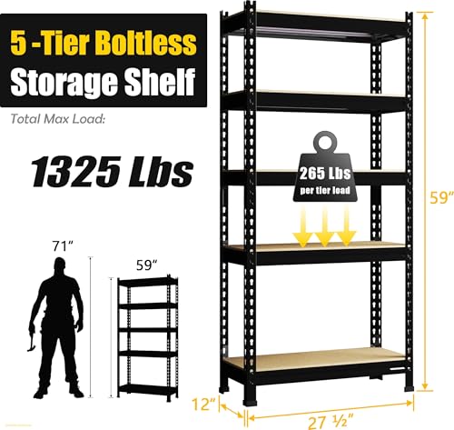 5 Tier Garage Shelves for Storage (27.5" W x 12" D x 59" H)