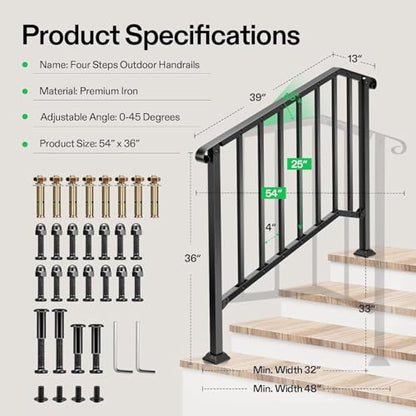 4 Step Railing 54"x36" Wrought Iron with Curved & Balusters Black (Black / 4 Steps)
