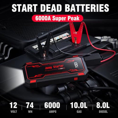 Car Jump Starter 6000A Car Battery Jump Starter Portable (A-Red)