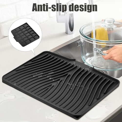 Silicone Dish Drying Mat for Kitchen Counter (Black-1pc / 16" x 12")