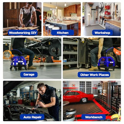 Rolling Shop Stool for Garage with Casters (Blue With Magnetic Tool Hold)