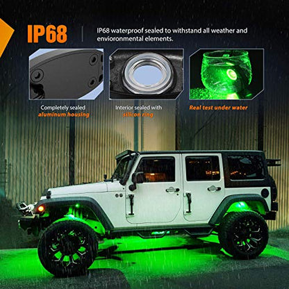 LED Rock Light Pods Waterproof Under Body Wheel Well Light Exterior Interior Lights for Car Truck Pickups ATV UTV SUV Motorcycle Boat (Green / 4Pcs Pods)