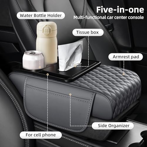 5-in-1 Car Center Console Armrest Cover Pad, Multifunctional Car Arm Rest Organizer with Cup Holder, Tissue Slot & Side Storage Pockets, Soft Leather Auto Armrest Cushion, Grey (Grey)