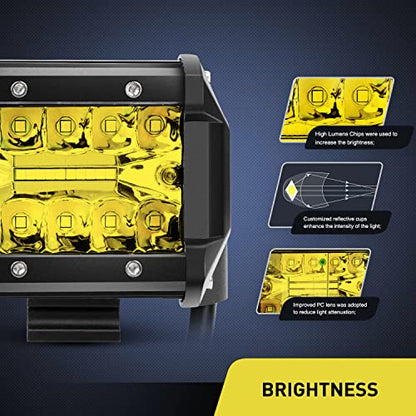 2PC 4Inch Yellow Led Pods Triple Row 60W Flood Spot Combo Driving Fog Lights with 16AWG Switch Wiring Harness Kit (Led Pods)