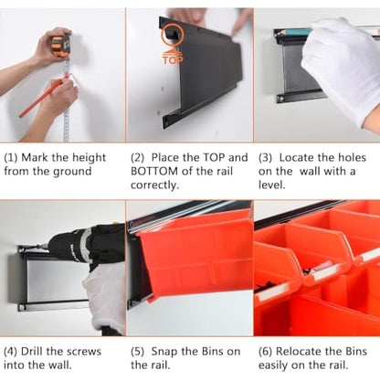 10 Bin Wall Mounted Plastic Storage Bins Hanging Organizer Bins (Orange / 10Bins+3Rails)