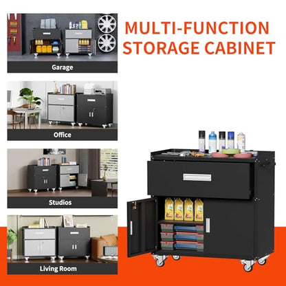 Metal Garage Storage Cabinet with Wheels (35.4'' Black)