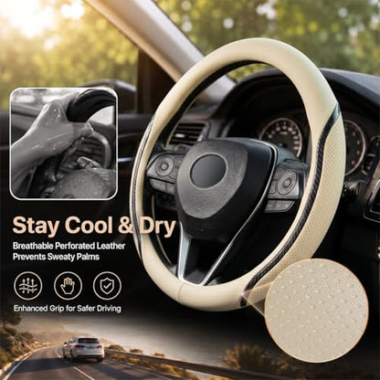 Beige Steering Wheel Cover with Coasters Leather Universal 15 inch (Medium / beige)