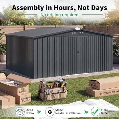 12' x 14' Waterproof Metal Outdoor Storage Shed (Dark Grey / 12x14)