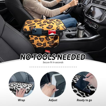 Animal Print Car Center Console Armrest Cover with 2 Side Pockets (Leopard Print)