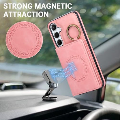 Compatible with Samsung Galaxy S23 FE 5G Wallet Case and Screen Protector Crossbody Shoulder Strap Ring Buckle Stand Card Holder Magnetic Car Mount Phone Cover for S 23 EF S23FE 23S Women Men Pink (Rose Gold / for S23 FE)