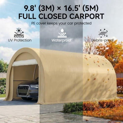 10' x 16' Carport Heavy Duty Portable Garage Storage Tent Beige (Beige)