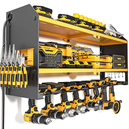 Power Tool Organizer with Charging Station Wall Mount (with Power Strip / Yellow)