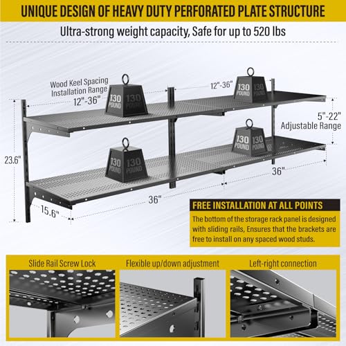 2 Pack×2 Tier 1.3x3ft Garage Shelving Wall Mounted (Black / 4pack-1.3×3ft)