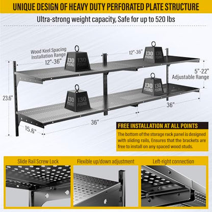 2 Pack×2 Tier 1.3x3ft Garage Shelving Wall Mounted (Black / 4pack-1.3×3ft)