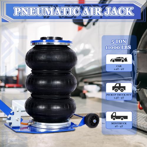 5T Triple Bag Air Jack 11000lbs Pneumatic Jack 3s Fast Lift Up 16in Airbag Jack with Adjustable Long Handle Heavy Duty Triple Air Bag Jack Lift for Cars Garage (5 Ton / blue)