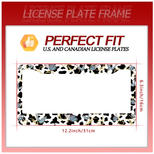 Cow Print Butterfly Stainless Steel License Plate Frame Fits US Standard (Cute Cows and Butterfly)