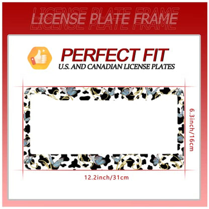 Cow Print Butterfly Stainless Steel License Plate Frame Fits US Standard (Cute Cows and Butterfly)