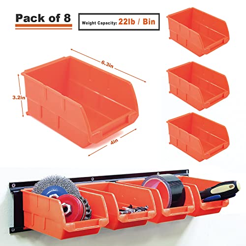 8 Bin Wall Mounted Plastic Storage Bins Hanging Organizer Bins (Orange / 8Bins+2Rails)