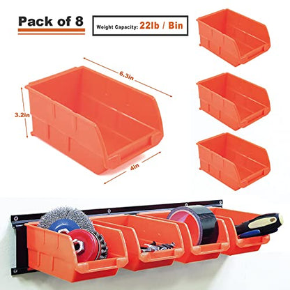 8 Bin Wall Mounted Plastic Storage Bins Hanging Organizer Bins (Orange / 8Bins+2Rails)