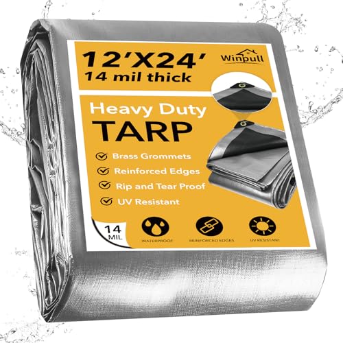 Heavy Duty Tarp 14 Mil Tarp Waterproof Silver 12x24 FT (Silver/Black-14mil / 12'x24')