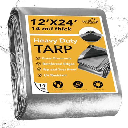 Heavy Duty Tarp 14 Mil Tarp Waterproof Silver 12x24 FT (Silver/Black-14mil / 12'x24')
