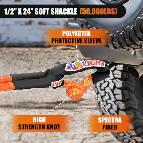 Kinetic Recovery Tow Rope Kit with 2 Soft Shackle 1" x 30ft Heavy Duty Offroad Tow Rope Snatch Strap Towing Strap kit (1in x 30ft Rope+2Pcs Shackles / Straps)