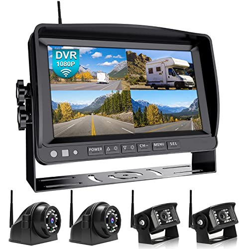 HD 1080P 9" Wireless Quad RV Backup Camera System with Recording (Ink Black / 9" 4-Cam)