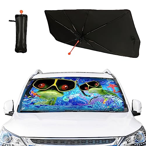 Frog Car Windshield Sun Shade Umbrella Frog Diving Foldable Car Windshield Sunshade UV Protector Automotive Window Sunshades for Sedan SUV Pickup Truck (UmbrellaStyle-2 / Expanded: 147 × 75 cm, Folded: 33 × 11 cm)