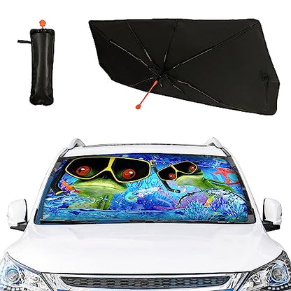 Frog Car Windshield Sun Shade Umbrella Frog Diving Foldable Car Windshield Sunshade UV Protector Automotive Window Sunshades for Sedan SUV Pickup Truck (UmbrellaStyle-2 / Expanded: 147 × 75 cm, Folded: 33 × 11 cm)