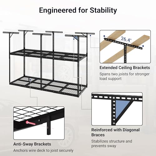 3x8 2 Tier Overhead Ceiling Garage Storage Rack (Black / 2-Tier 3x8 ft)