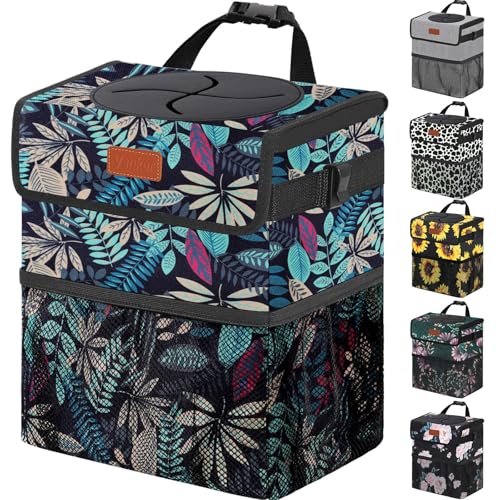 Car Trash Can with Lid Leak Proof Car Accessories for Women (3 Gallons / Colorful Leaves)