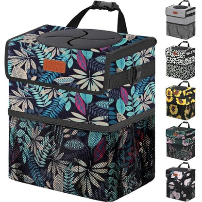 Car Trash Can with Lid Leak Proof Car Accessories for Women (3 Gallons / Colorful Leaves)