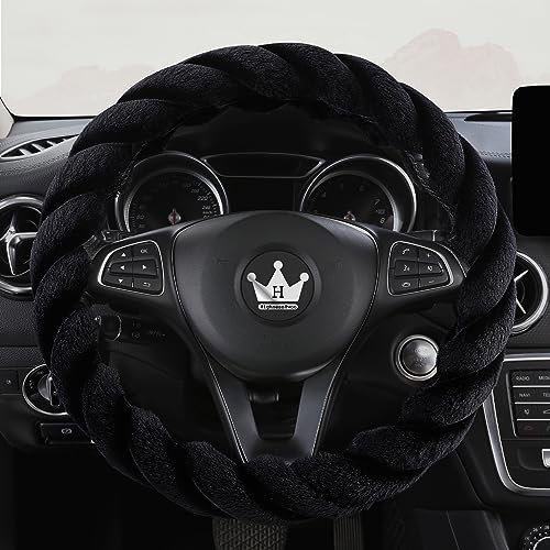 Luxury Fluffy Winter Car Steering Wheel Cover for Women Soft Warm Cute Auto Handle Cover for Jeep (Black / Large Size [15.2-16"] (38.6-40.5cm))