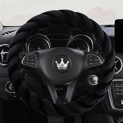 Luxury Fluffy Winter Car Steering Wheel Cover for Women Soft Warm Plush Cute Auto Accessories for Vehicle (Black / Standard Size [14.75-15.15"] (37.5-38.5cm))