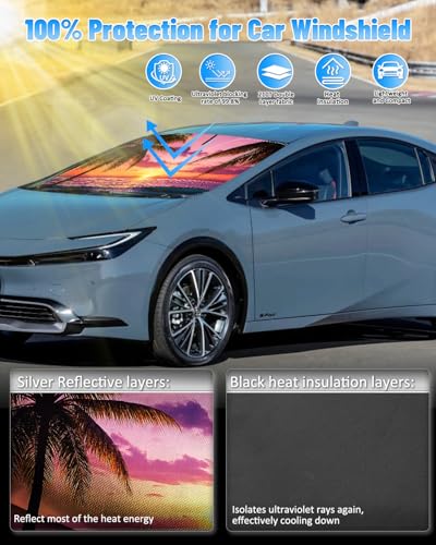 Sunset Beach Car Windshield Sun Shade Compatible with Toyota Prius 5th Gen (for Toyota Prius 2023–2024 - Sunset Beach)