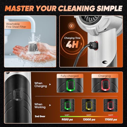 Handheld Car Vacuum Cordless Portable 17000PA Foldable HL133 Black (Black)