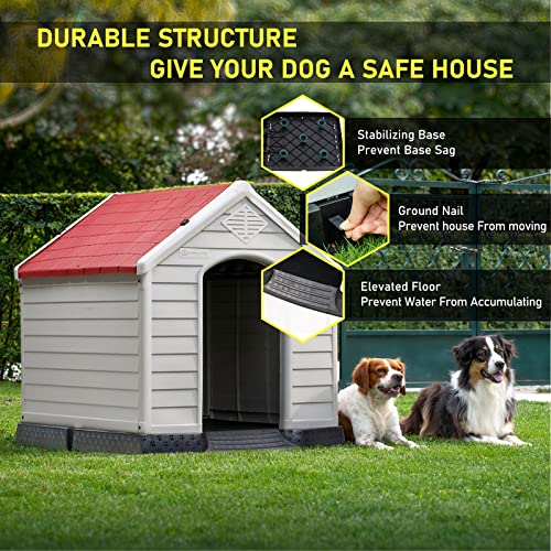 Durable Waterproof Plastic Dog House for Small to Large Sized Dogs (Red / 34"L x 31"W x 32"H)