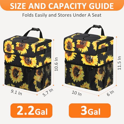 Car Trash Can with Lid Leak Proof Car Accessories for Women (3 Gallons / Sunflower)