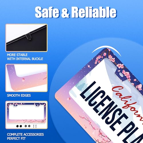 Cherry Blossom License Plate Frame Stainless Steel Women Car Accessory (Pink Cherry Blossom Flowers Floral)
