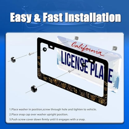 Golden Butterfly License Plate Frame Stainless Steel Accessory 12.3x6.3Inch (Golden Butterfly Pattern)