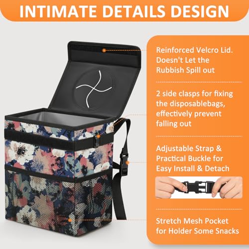 Car Trash Can with Lid Leak Proof Car Accessories for Women (2.2 Gallons / Painting Floral)
