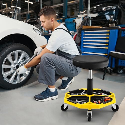 Rolling Mechanic Stool with Removable Tool Tray & Padded Cushion (Bottom Tool Tray / Yellow)
