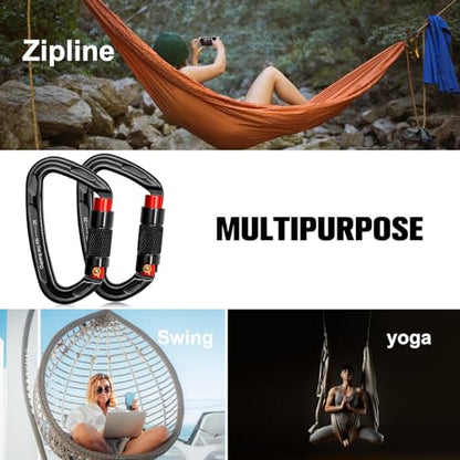 Auto Locking Carabiner Clips (2 Black+Red)
