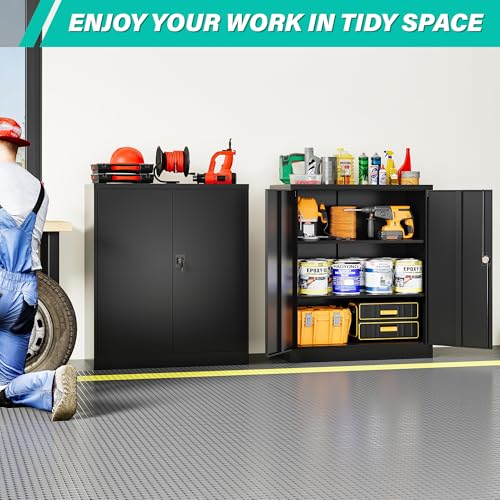 Small Metal Storage Cabinet with Doors and Shelves (36"H x 31.5"W x 16"D / Black)