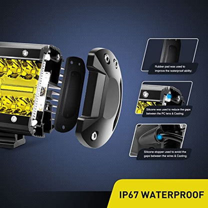 2PC 4Inch Yellow Led Pods Triple Row 60W Flood Spot Combo Driving Fog Lights with 16AWG Switch Wiring Harness Kit (Led Pods)