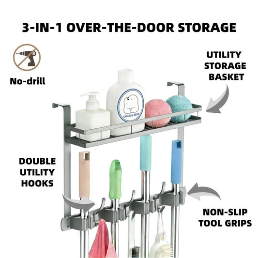 Over the Door Heavy Duty Metal Broom & Mop Holder (grey)